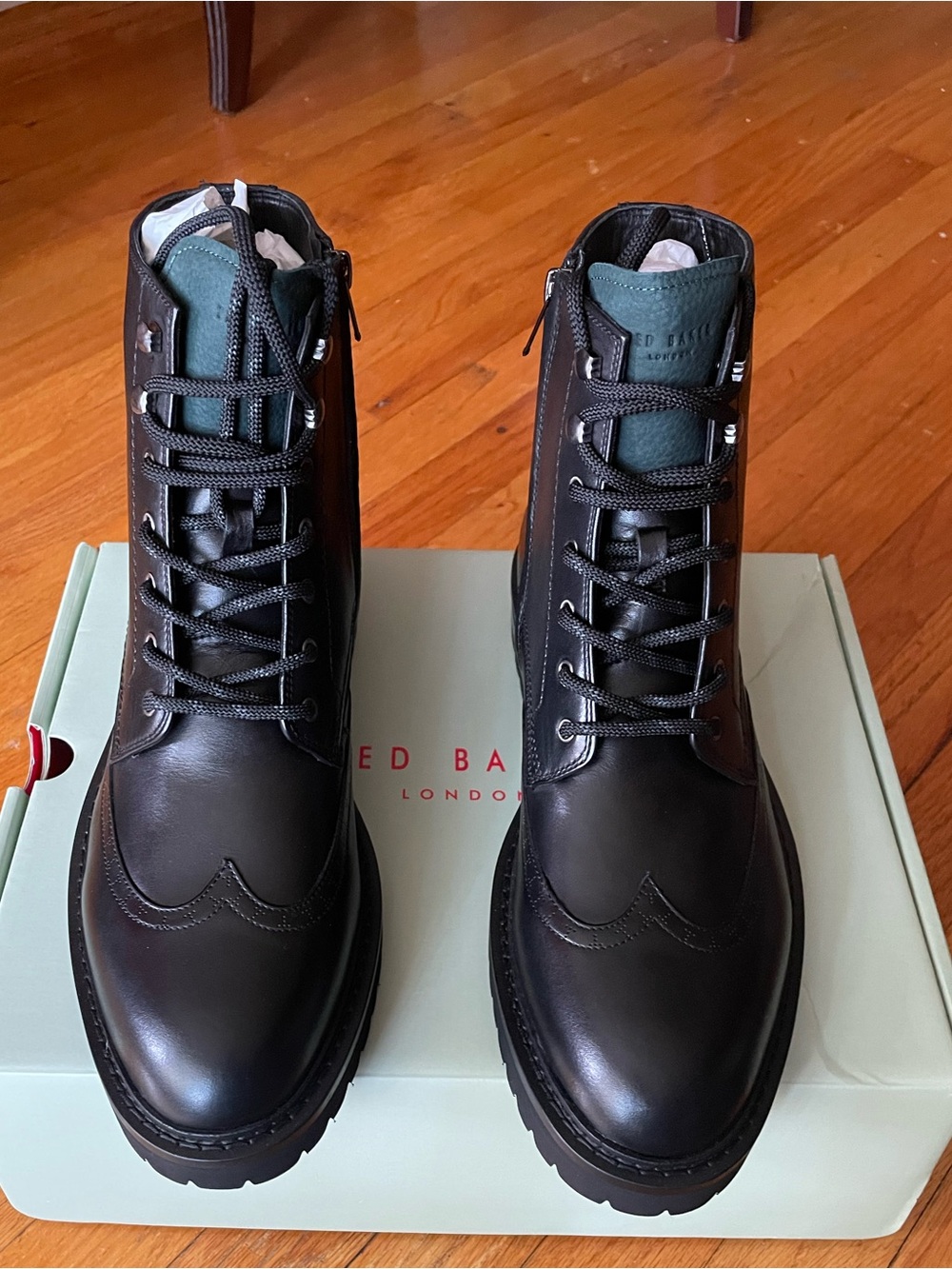 Ted Baker Black Leather Lace-Up Boots with Green Tongue Accents